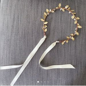 Gold Leaf Headband w/ White Ribbon wedding Crown